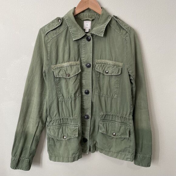 GAP Linen Utility Jacket Womens M Military Green Casual Drawstring Snap Coat - Picture 1 of 16